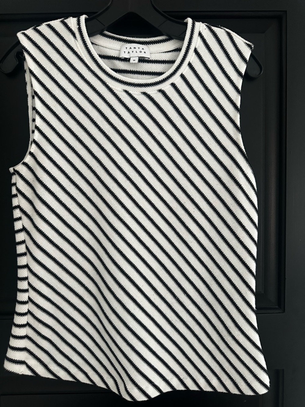Tanya Taylor Black and White Diagonal Stripe Sleeveless Knit Tank